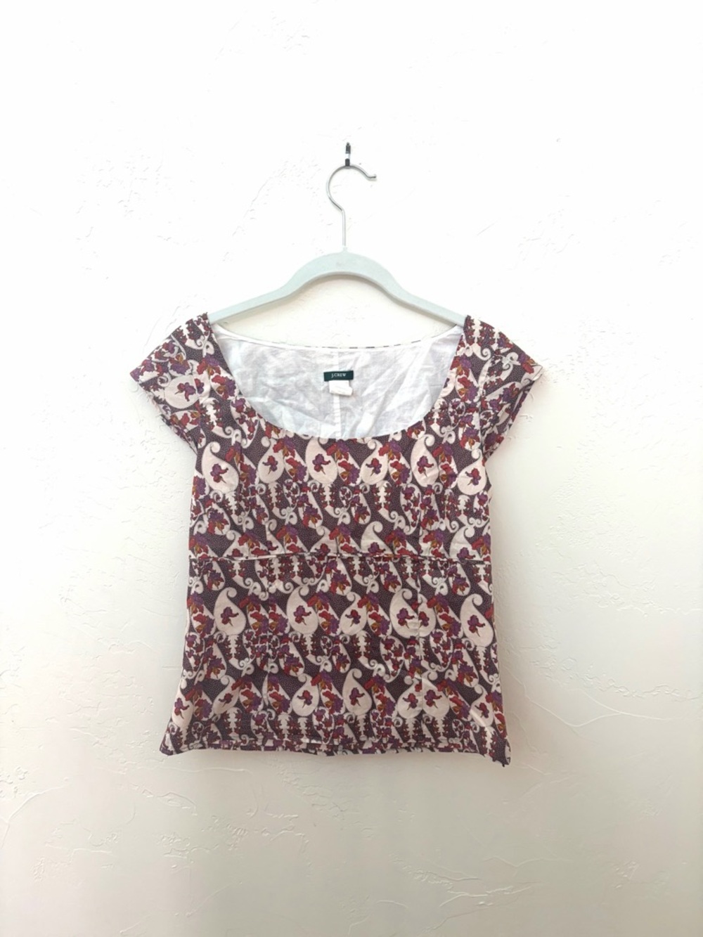 J. Crew Burgundy and Cream Floral Scoop-Neck Blouse